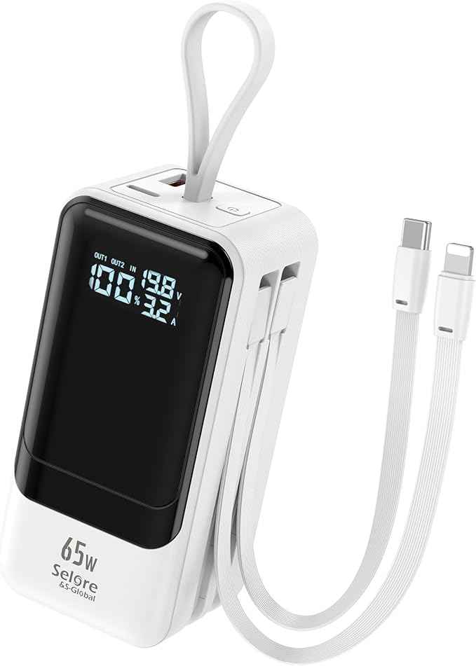 Fast Charging Power Bank 18400mAh 65W Portable Laptop Charger, LCD Display, Travel Essential Battery Pack with Built-in USB-C & Lightning Cables for iPhone 16/15/14/13/12 MacBook Samsung