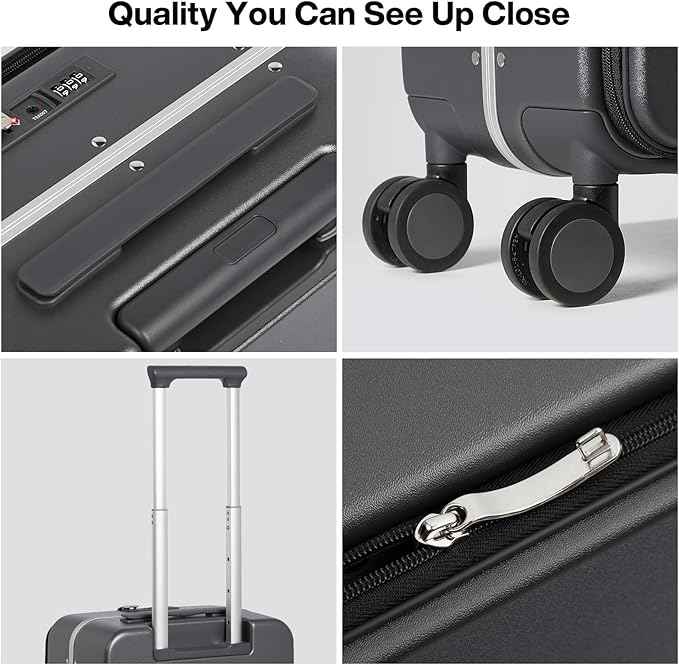 mixi 17x14x9 Carry On Luggage Underseat PC Hard Shell Suitcase Top Opening Aluminum Frame Travel Suitcases with Wheels, Rock Gray