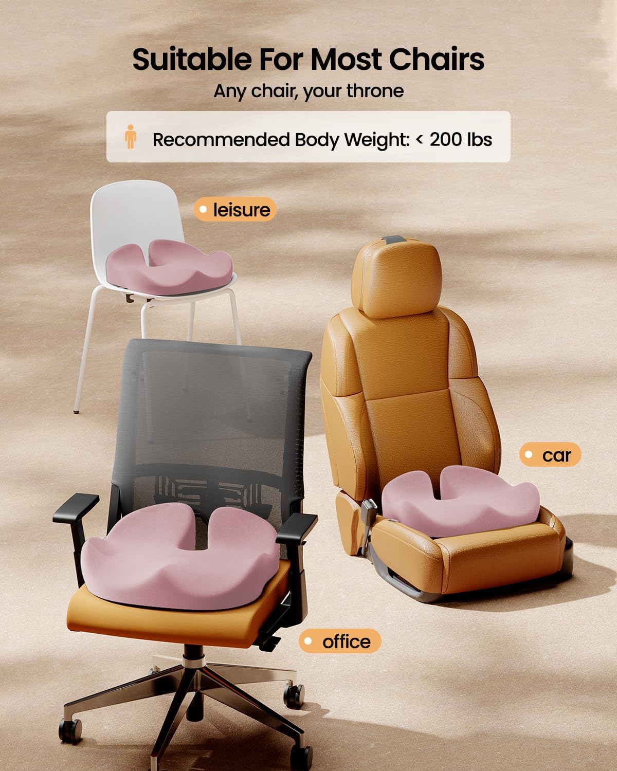 ProtoArc Seat Cushion, Office Chair Cushion for Sciatica, Coccyx Cushion, Ergonomic Memory Foam Seat Cushion for Car, Home, Pressure Relief Pad for Hip, Tailbone, All Day Comfort - Pink
