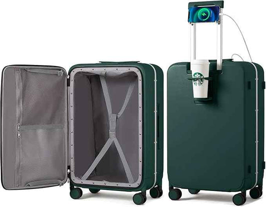 mixi Large Checked Luggage with Cup Phone Holder and Charger Hard Shell Suitcases with Spinner Wheels, 26 Inch Blackish Green