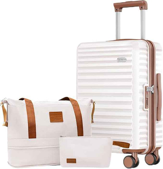SHOWKOO Suitcase Hardside Expandable Luggage Set, Suitcase with Double Spinner Wheels TSA Lock 3 Piece Set Beige White (DB/TB/28in)