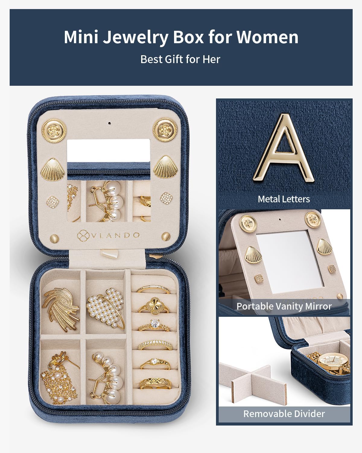Vlando Travel Gifts 2025, Travel Jewelry Case for Girl Women, A Initial Jewelry Case, Mini Jewelry Travel Organizer Travel Essentials Gifts for Friend Teen Girls - Letter A, Dark Blue