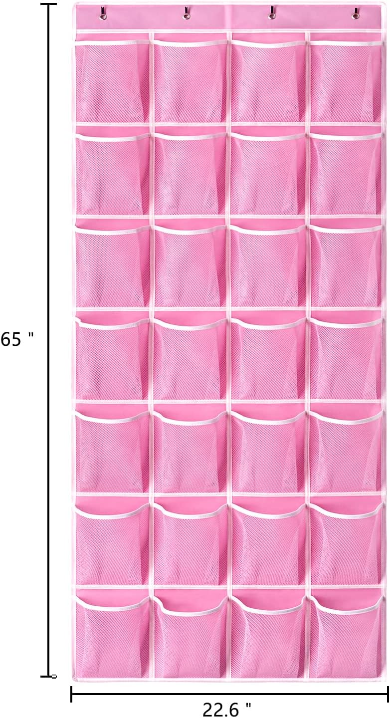 KEEPJOY 28 Pockets Hanging Shoe Organizer, Over the Door Shoe Organizer, Hanging Door Shoe Holder Rack with Mesh Pockets Large Size 65 x 23 Inch (Pink-1Pack)