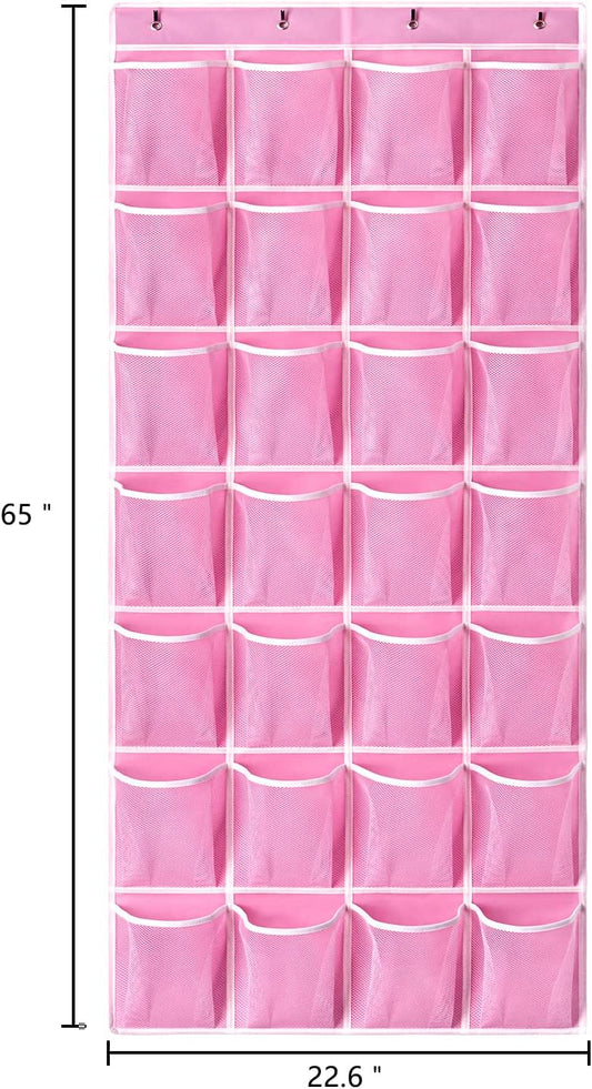 KEEPJOY 28 Pockets Hanging Shoe Organizer, Over the Door Shoe Organizer, Hanging Door Shoe Holder Rack with Mesh Pockets Large Size 65 x 23 Inch (Pink-1Pack)