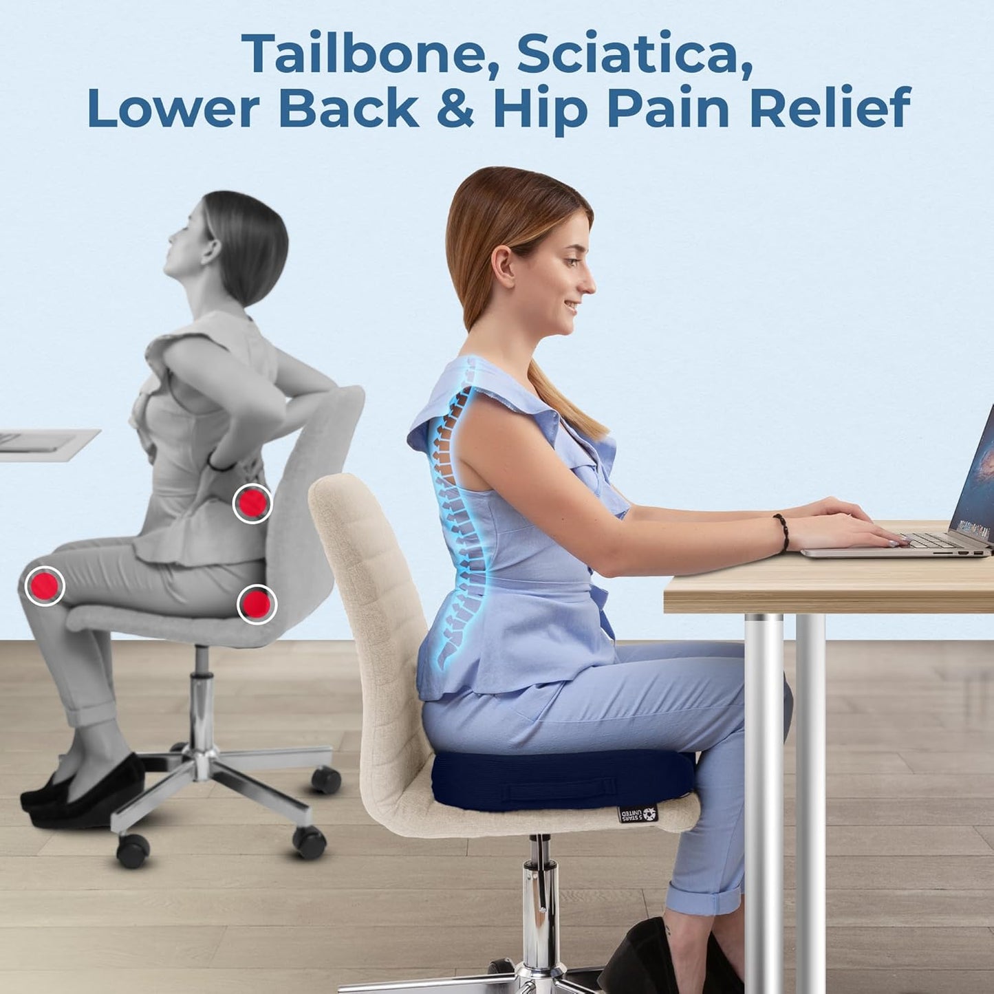 5 STARS UNITED Seat Cushion for Tailbone Pain Relief – Large Memory Foam Cushion for Coccyx, Hip, Sciatica & Post-Surgery Recovery – Wheelchair, Car, Desk, Gaming & Office Chairs, Blue