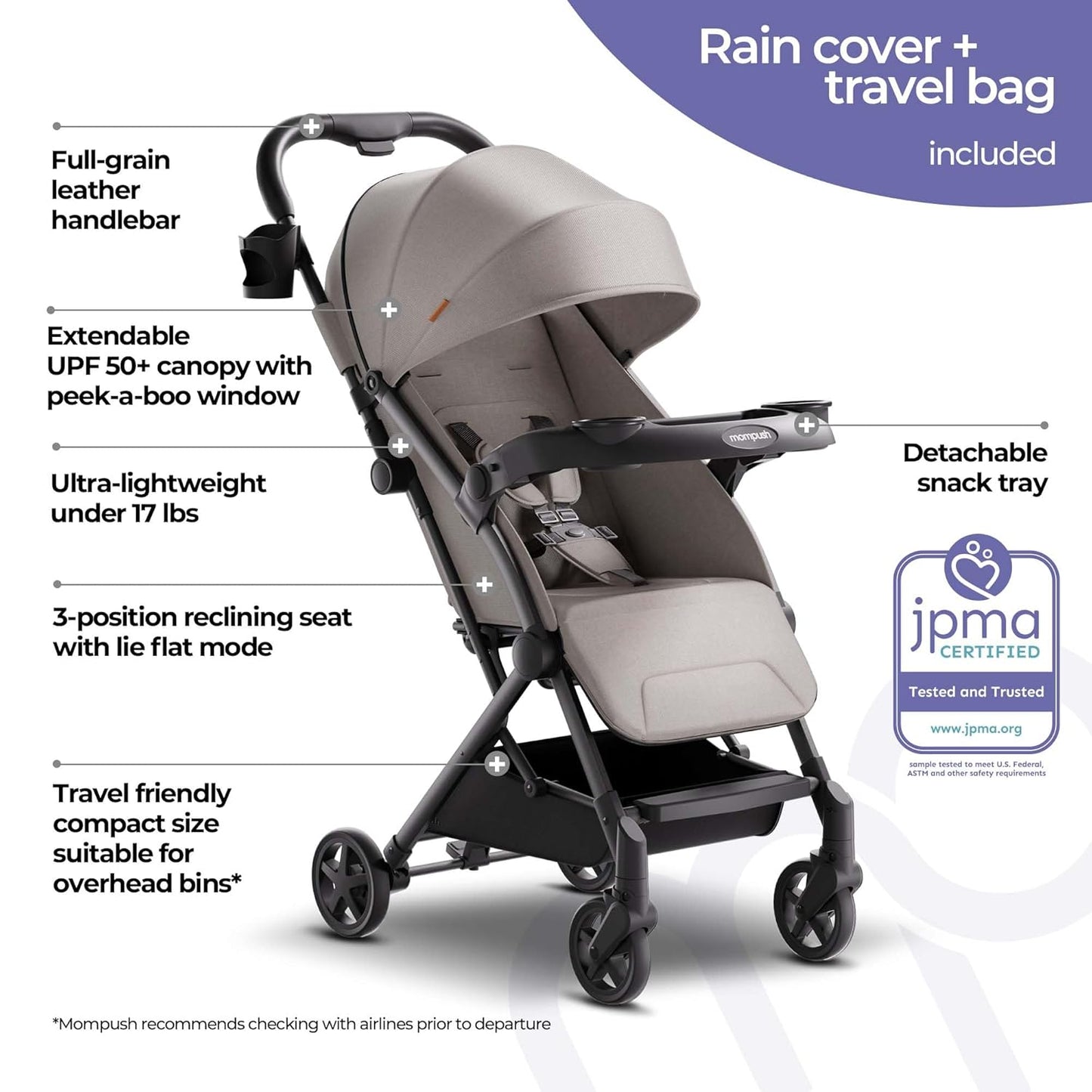 Mompush Lithe V2 Lightweight Travel Stroller, Compact Foldable Baby Stroller with Travel Bag, One-Hand Fold Stroller, Snack Tray, Mechanical Recline Seat, Airplane-Ready, Organizer & Rain Cover