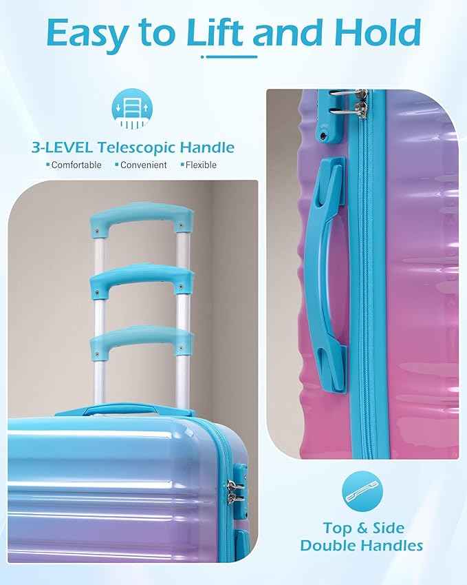 LONG VACATION Carry On Luggage Sets 3 Piece 20 Inch Suitcase Set, ABS+PC Hardshell Lightweight Travel Luggage with Spinner Wheels & YKK Zipper TSA Lock (Blue and Pink, 20 INCH)
