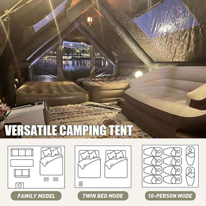 Inflatable Camping Tents 8-10 Person,129 Square Feets Large Inflatable Camping Tent with Stove Jack,Blow up Tent with Mesh Windows & Pump