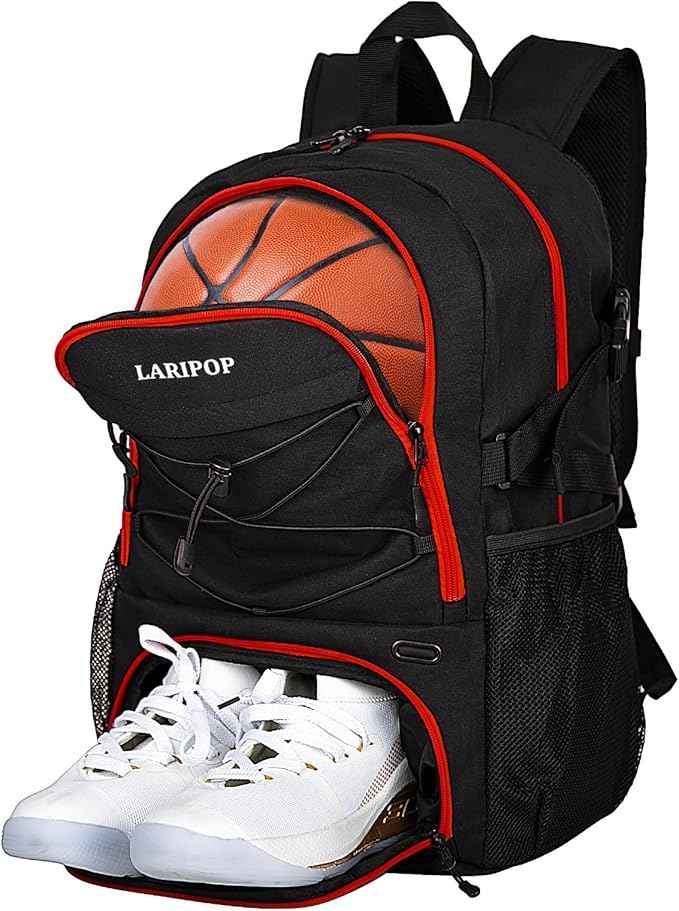 LARIPOP Basketball Bag, Sports Backpack with Ball Holder & Shoe Compartment, Water Resistant Gym Bag for Soccer Volleyball Travel