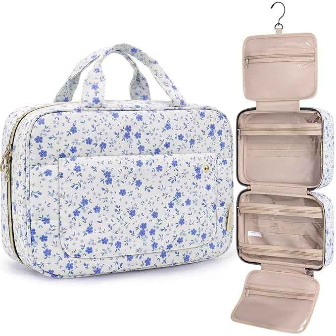 BAGSMART Toiletry Bag Travel Bag with Hanging Hook, Water-resistant Makeup Cosmetic Bag Travel Organizer for Accessories, Shampoo, Full-size Container, Toiletries (Blue Ditsy Floral, Medium