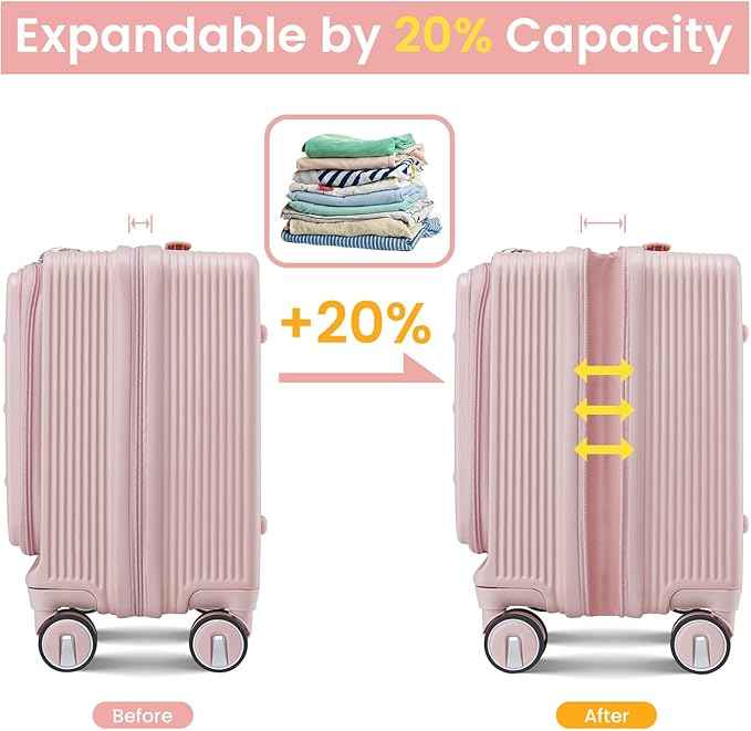 3 Piece Luggage Set 16 Inch Carry On with Front Opening, Expandable PC Hardshell Suitcase with 14" Cosmetic Case & Handbag, Lightweight Underseat Rolling Luggage with TSA Lock & PVC Cover