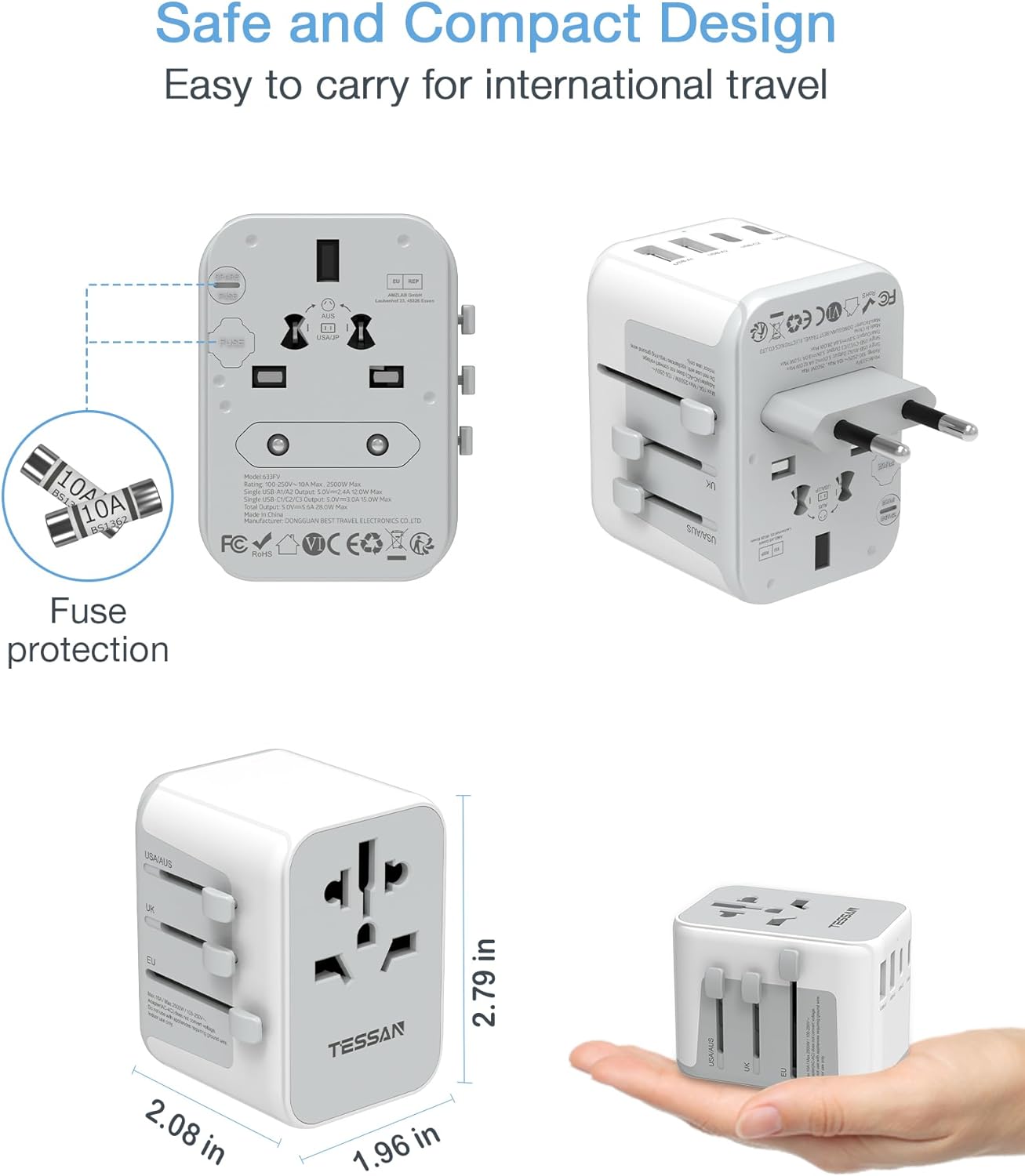 TESSAN Universal Travel Adapter, International Power Adapter 5.6A 28W 3 USB C 2 USB A Ports, Travel Worldwide Plug Adaptor, Outlet Wall Charger for Europe UK EU AUS (Type C/G/A/I) - Roamly