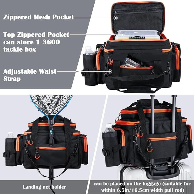 Goture Fishing Tackle Bag, Store Up to 4PCS 3700 Plus 2PCS 3600 Tackle Trays(Not Included), 600D Soft Side Gear Fishing Bag with Rod Straps,Detachable Water Bottle Pouch,Waterproof Bottom,SBS Zippers
