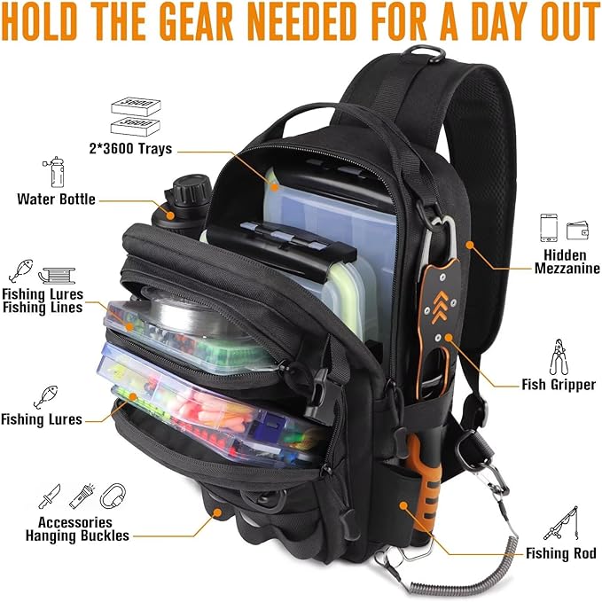 Dovesun Small Fishing Backpack with Tackle Boxes Fishing Sling Bag DIY Embroidery Patches Tackle Bag Gift for Men Black