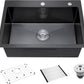 Black Kitchen Sink Drop-In 25 x 18 inch, SINKVINE PVD Nano Stainless Steel Outdoor Sink, Top Mount Large Deep Single Bowl Laundry Basin, w/Drain Strainer, Bottom Grid, Roll-up Drying Unit, Dark Gray