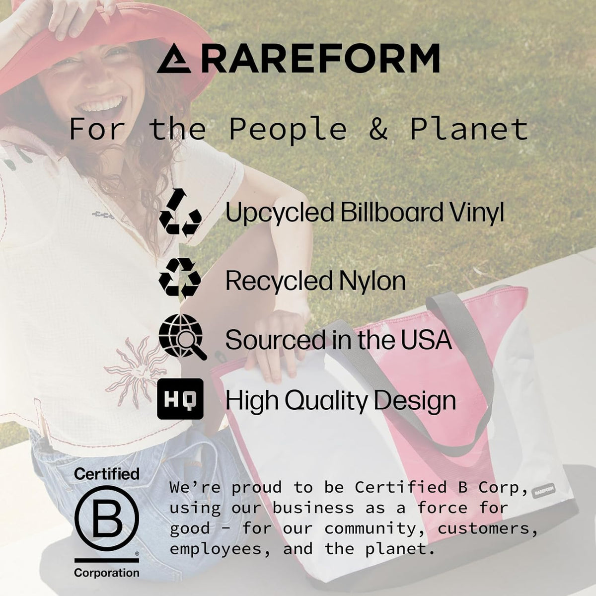 Rareform Large Zippered Blake Tote Bag | One-of-a-Kind, Water-Resistant, Recycled Billboard Vinyl | Color and Pattern Vary - Roamly
