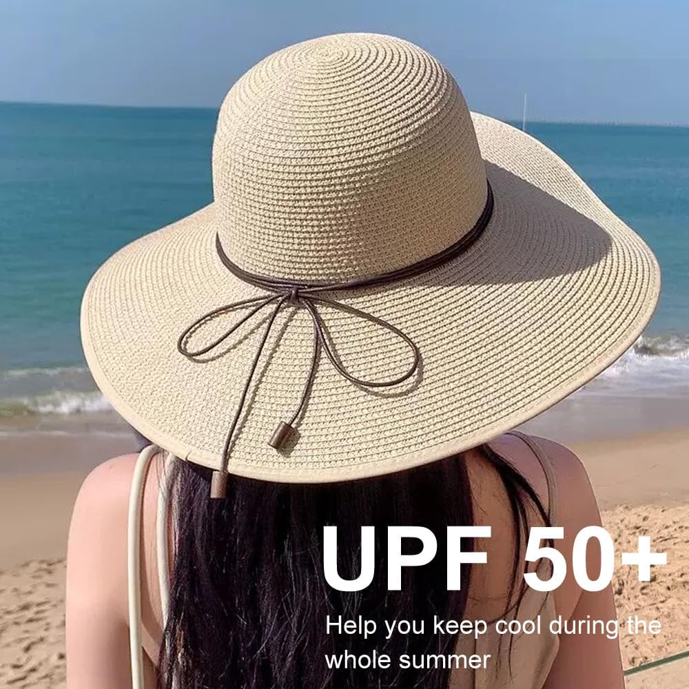 DRESHOW Beach Hats for Women Big Straw Wide Brim Summer Hat Floppy Foldable Roll up Cap Sun Hat UPF 50+