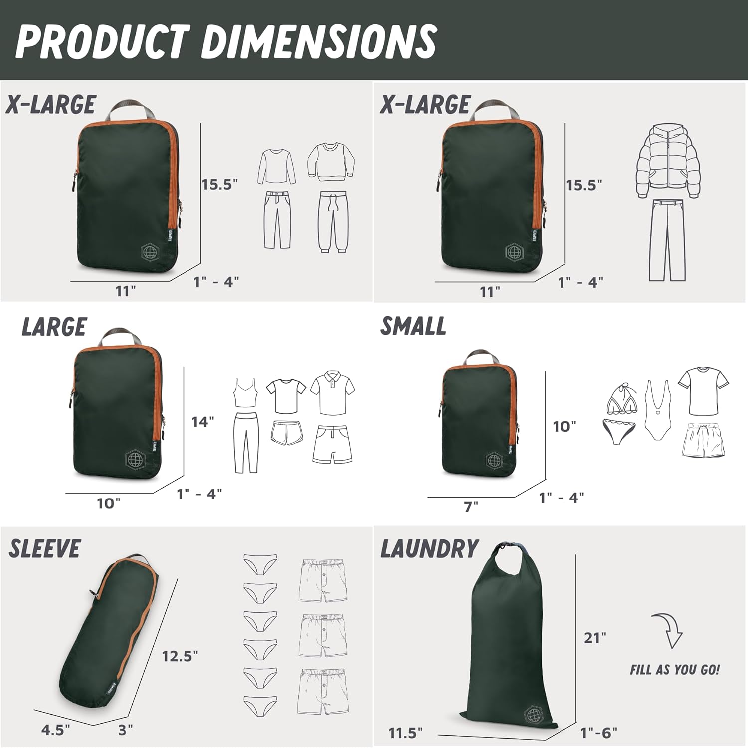 Large Compression Packing Cubes for Travel-Packing Cube Luggage Organizers 7 Piece Set for Checked Luggage-Ultralight, Expandable/Compression Bags by TRIPPED Travel Gear (Green and Brown) - Roamly
