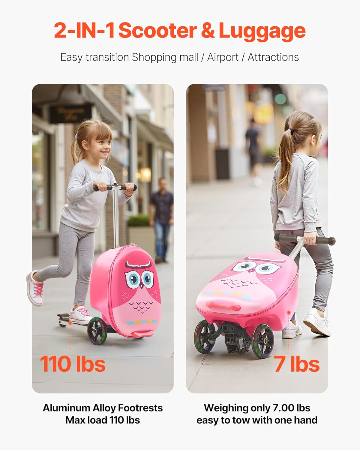 VEVOR Ride-on Luggage, 20 L Capacity, 20 Inches Kids Scooter Suitcase with Flash PU Wheels, Adjustable Handle & TPR Non-Slip Grip, Foldable & Lightweight Scooter Luggage for Kids Aged 5+, Pink