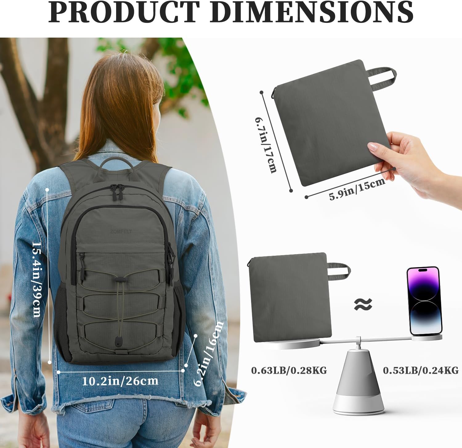 ZOMFELT Hiking Backpack for Women Men, 15L Lightweight Packable Backpacks for Trip, Water Resistant Small Travel Backpack, Foldable daypack for Hiking, Walking, Cycling, Camping, Grey & Black - Roamly