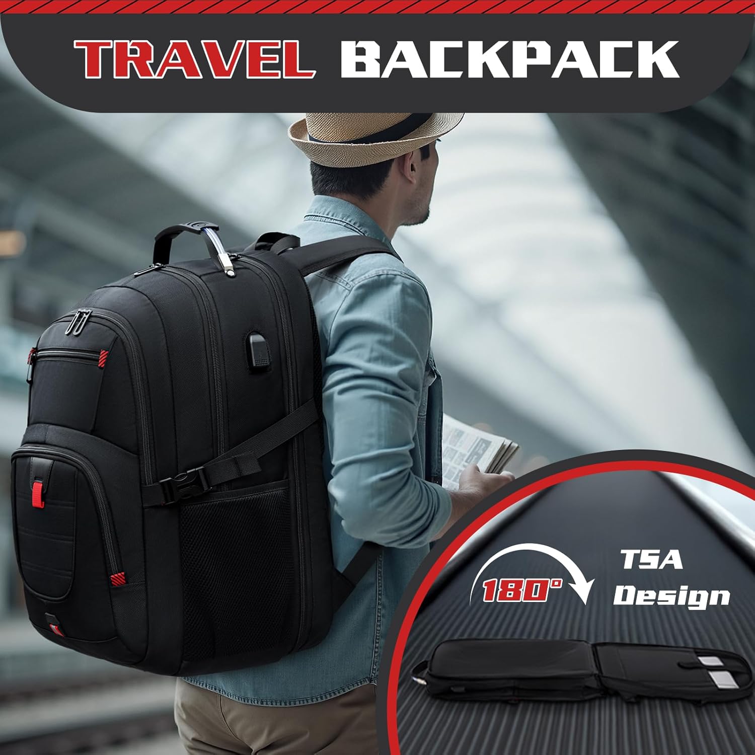 50L Travel Backpack, 17 inch Laptop Backpack for Men, Extra Large Sturdy TSA Friendly with USB Port College School Rucksack Bag Gifts for Him Men Women, Black - Roamly