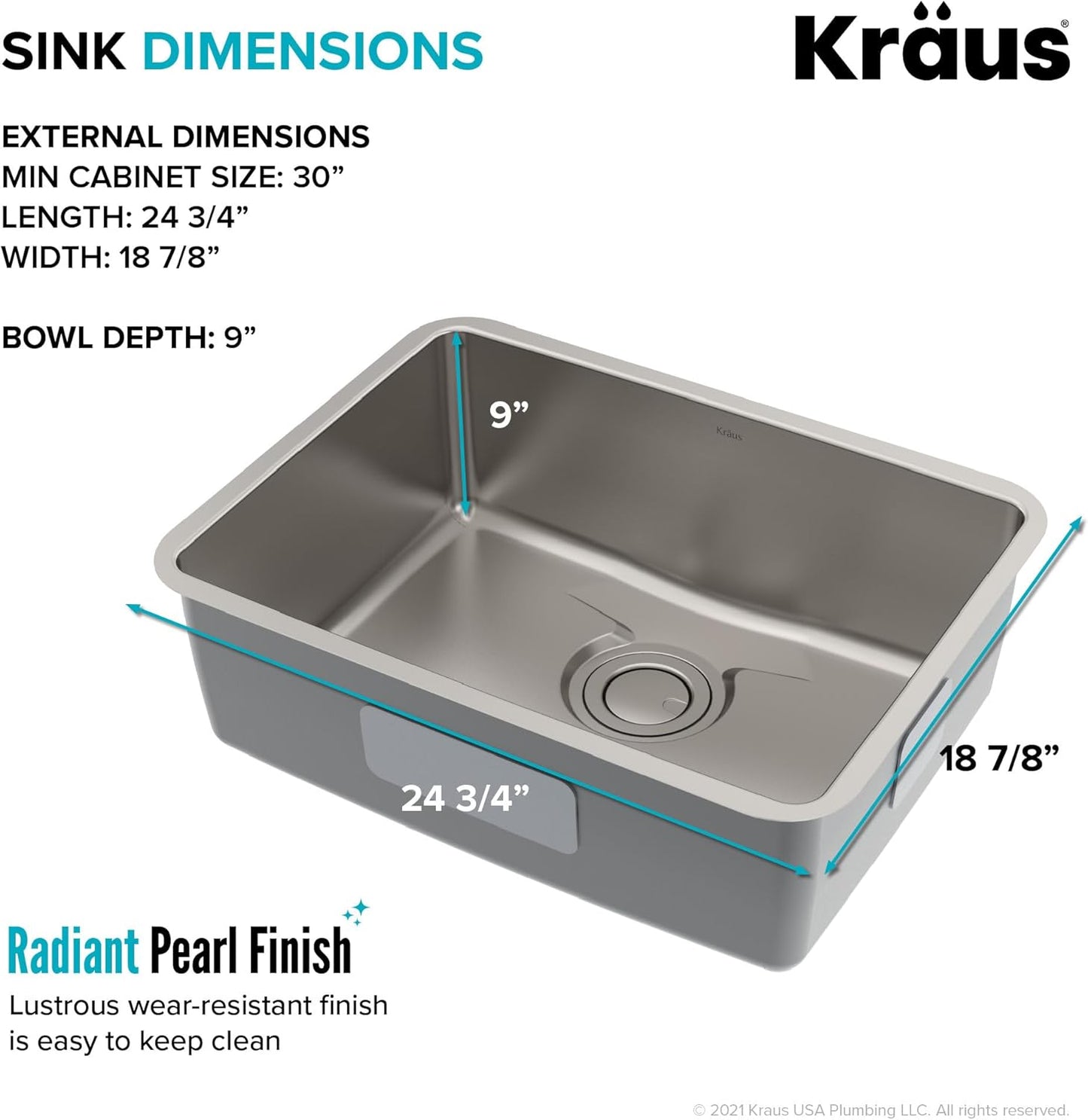 KRAUS Dex 25-Inch Undermount Single Bowl TRU16 Gauge Stainless Steel Kitchen Sink with DrainAssure WaterWay and VersiDrain Assembly in Radiant Pearl Finish, KD1US25B