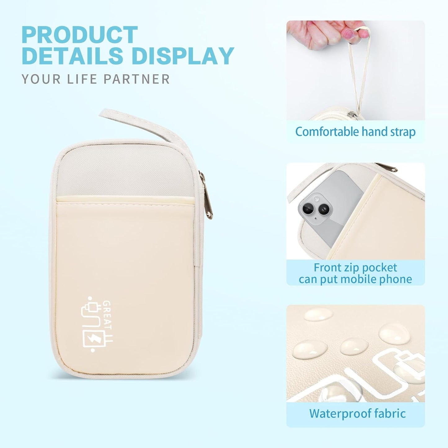 Electronics Travel Organizer,Portable Waterproof Electronic Travel Storage Bag for Small Charging Cord Storage,Charger,Small Electronics,SD Card,with 5 Cable Ties,for Travel,Business-Beige