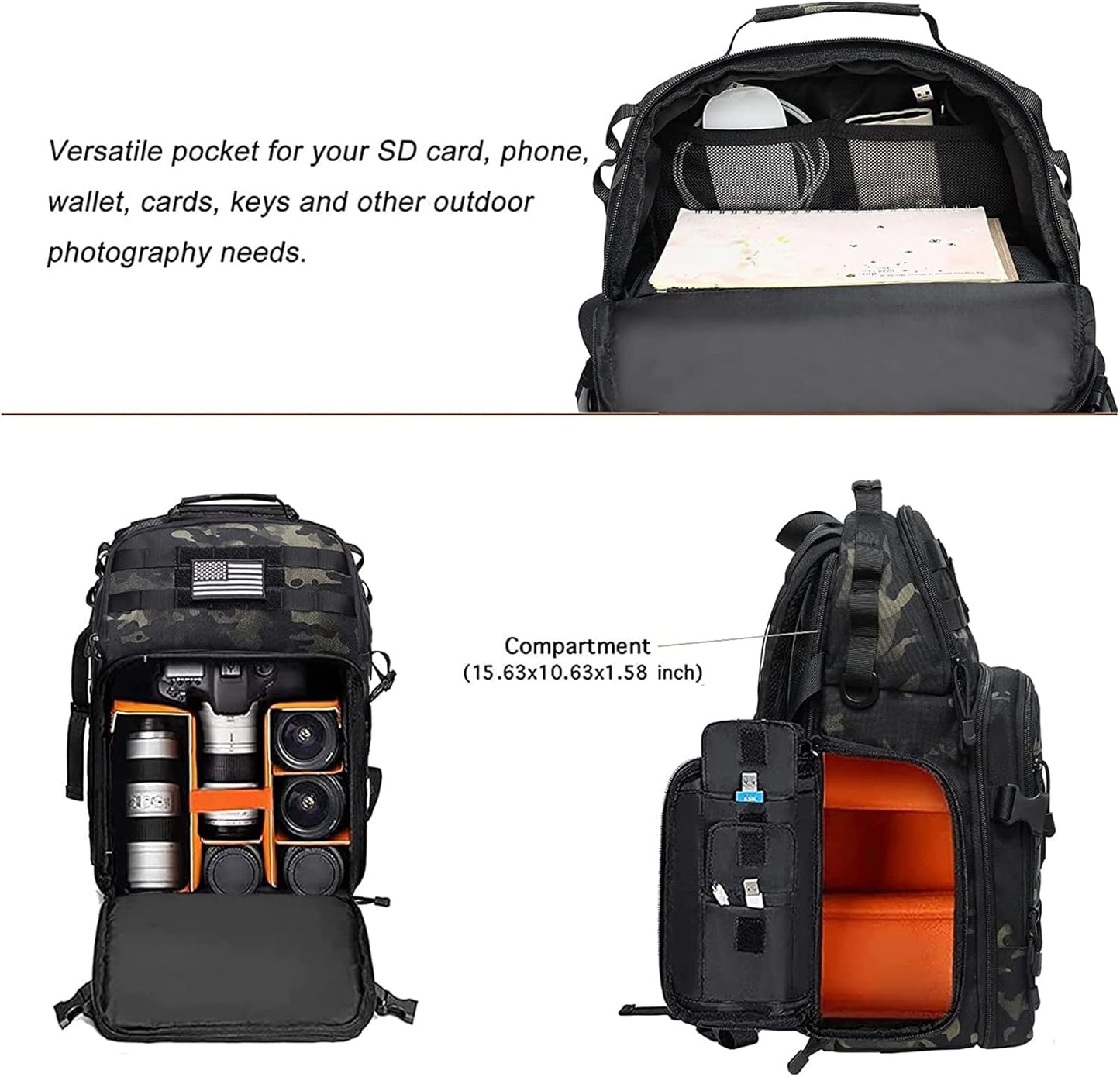 MOSISO Camera Backpack, DSLR/SLR/Mirrorless Photography Tactical Camera Bag Case with Tripod Holder & 15-16 inch Laptop Compartment & USA Flag Compatible with Canon/Nikon/Sony, Night Camouflage