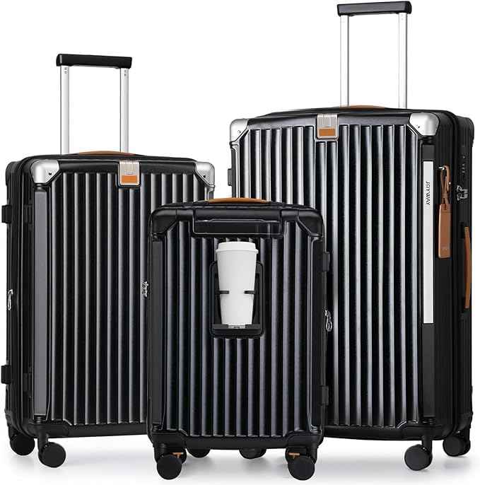 Joyway 3 Piece Set Hardside Expandable Luggage with USB Charging Port and Cup Holder, TSA Lock Spinner Wheels Suitcase for International Travel, Lightweight Carry On Checked Baggage, Black