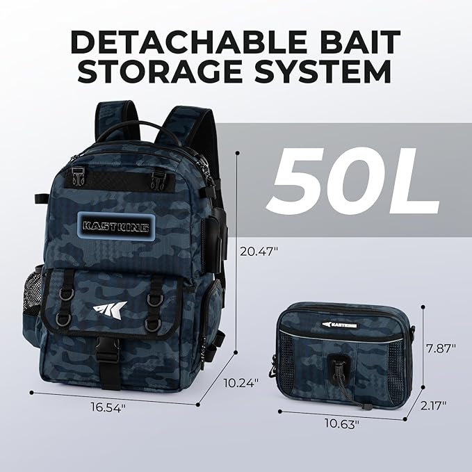 KastKing BaitSpace 50L Fishing Tackle Backpack with Removable Bait Binder,2 Rod Holders Storage Fishing Gear and Equipment