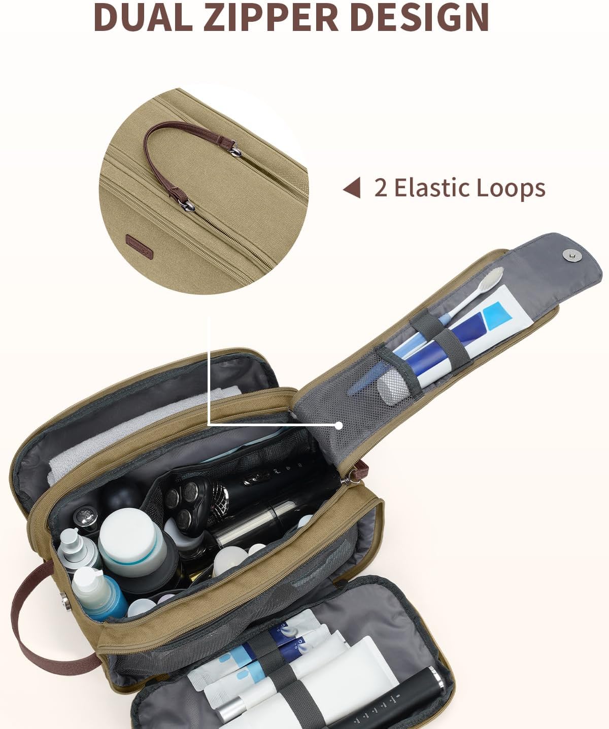 WANDF Toiletry Bag for Men Travel Toiletry Organizer Canvas and Leather Dopp Kit Water-Resistant Shaving Bag for Travel Accessories (Classic Khaki, Large) - Roamly