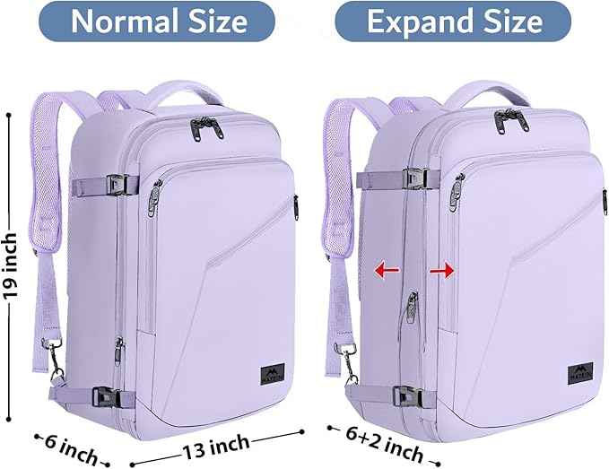MATEIN Carry on Backpack for Women, 40L Heavy Duty Travel Backpack Airplane Approved, Expandable Simple Fashion Daypack, Frequent Traveler Gifts, Light Purple