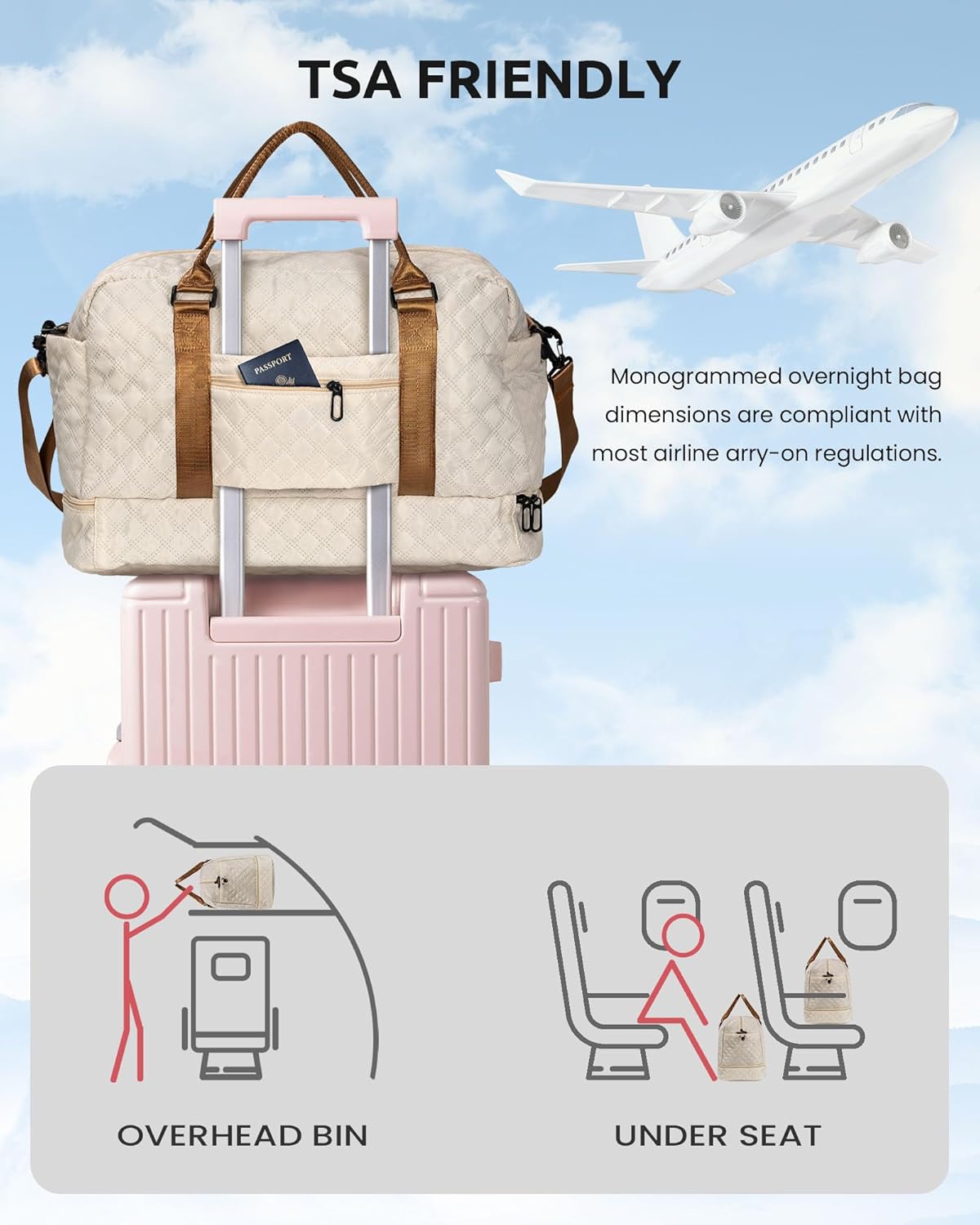 Initial Duffle Bag, Personalized Weekender Bag with Shoulder Strap, Monogram Overnight Bag for Women Wet Pocket, Letter Travel Bag with Makeup Bag Gifts for Niece (Letter R) - Roamly