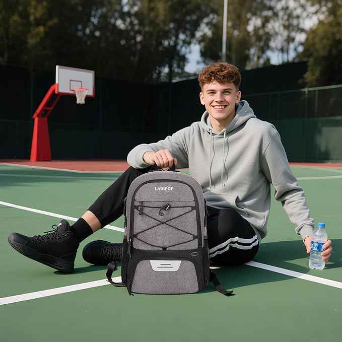 LARIPOP Basketball Bag, Sports Backpack with Ball Holder & Shoe Compartment, Water Resistant Gym Bag for Soccer Volleyball Travel