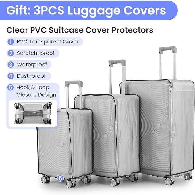 3 Piece Luggage Set 100% PC Hardshell, Front Opening Expandable Suitcase (20/24/28) with Laptop Compartment & Free Custom PVC Covers, Trunk Style Lightweight Spinner Wheels TSA Lock (Silver)