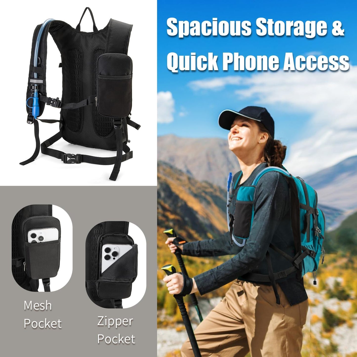 Hydration Backpack Pack with 2L Water Bladder 18L Hiking Backpack Women Men Lightweight Hydropack Insulated Daypack for Biking, Running, Festival - Roamly