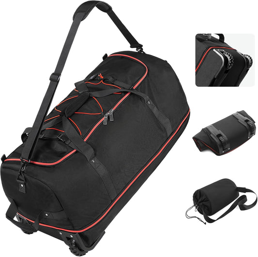 Vomgomfom Wheeled Collapsible Duffel Bag,110L-140L Expandable Checked Luggage, No-Telescopic-Handle with Anti-Burst Zipper & Reinforced Frame,Black-red - Roamly