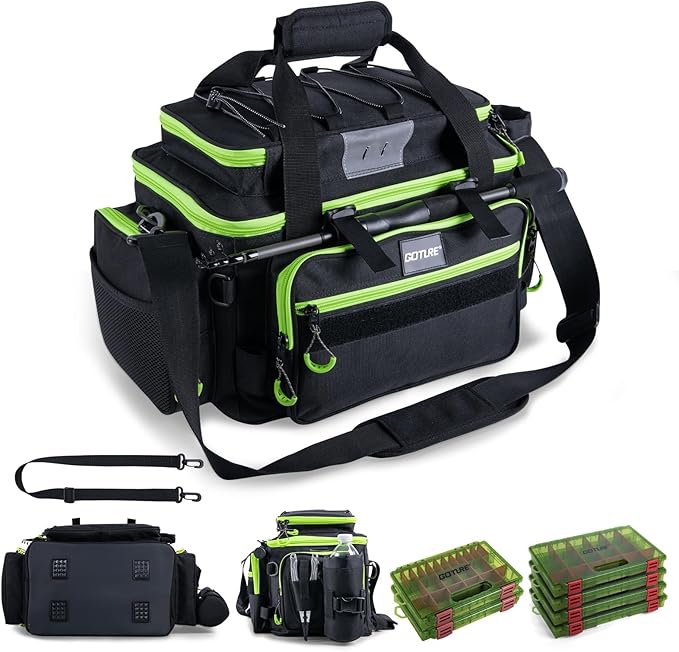 Goture Fishing Tackle Bag with 4pcs 3700 & 2pcs 3600 Tackle Boxes, 600D Water-Resistant Soft Side Saltwater Gear Storage Fishing Bag with Rod Straps, Detachable Water Bottle Pouch, Waterproof Bottom