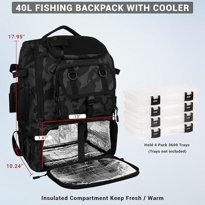 Fishing Backpack with Rod Holders,40L Large Water-resistant Fishing Tackle Bag with Cooler,Tackle Box Backpack