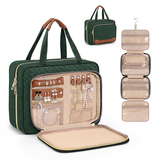 Wedama Toiletry Bag for Women, Hanging Travel Toiletry Bag with Jewelry Organizer Compartment Large Makeup Bag, PVC Waterproof Cosmetic Travel Bag Trips Camping Bathroom, Dark Green - Roamly
