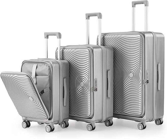 3 Piece Luggage Set 100% PC Hardshell, Front Opening Expandable Suitcase (20/24/28) with Laptop Compartment & Free Custom PVC Covers, Trunk Style Lightweight Spinner Wheels TSA Lock (Silver)