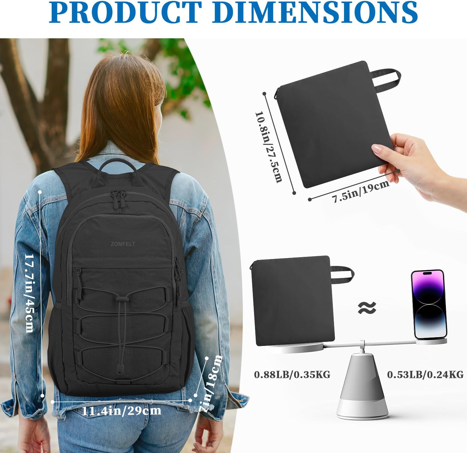 ZOMFELT Hiking Backpack for Women Men, 25L Lightweight Packable Backpacks for Trip, Water Resistant Small Travel Backpack, Foldable daypack for Hiking, Walking, Cycling, Camping, Black - Roamly
