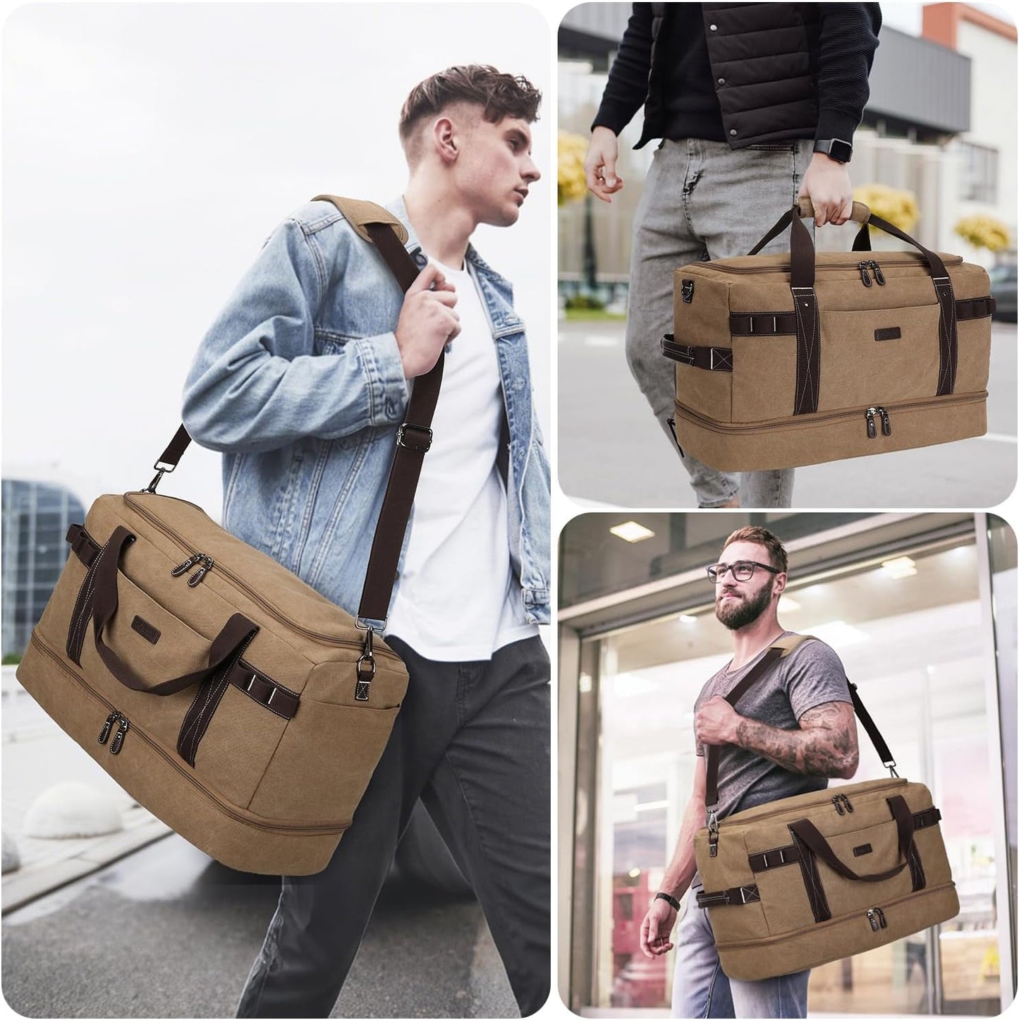 ZOMFELT Travel Duffle Bag for Men, Waterproof Canvas Overnight Duffel Bag with Removable Dividers & Shoe Compartment, Carry On Weekender Gym bag, Multi-Pocket & Vintage Design (Washed Brown) - Roamly