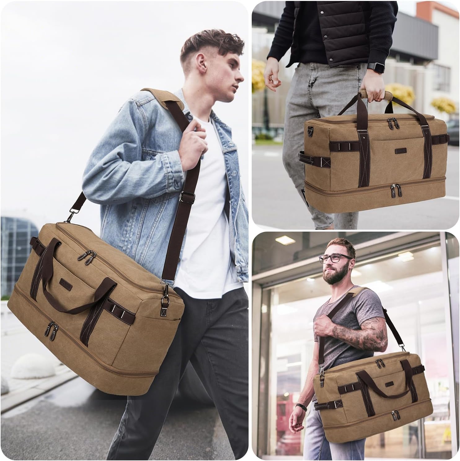 ZOMFELT Travel Duffle Bag for Men, Waterproof Canvas Overnight Duffel Bag with Removable Dividers & Shoe Compartment, Carry On Weekender Gym bag, Multi-Pocket & Vintage Design (Washed Brown) - Roamly
