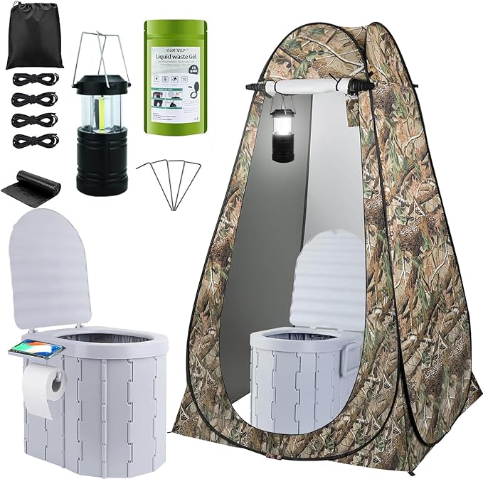 Portable Toilet Kit, Camping Toilet with Pop-Up Privacy Tent and Poo Gel Toilet Bags, Washable Portable Outdoor Showers Changing Rooms