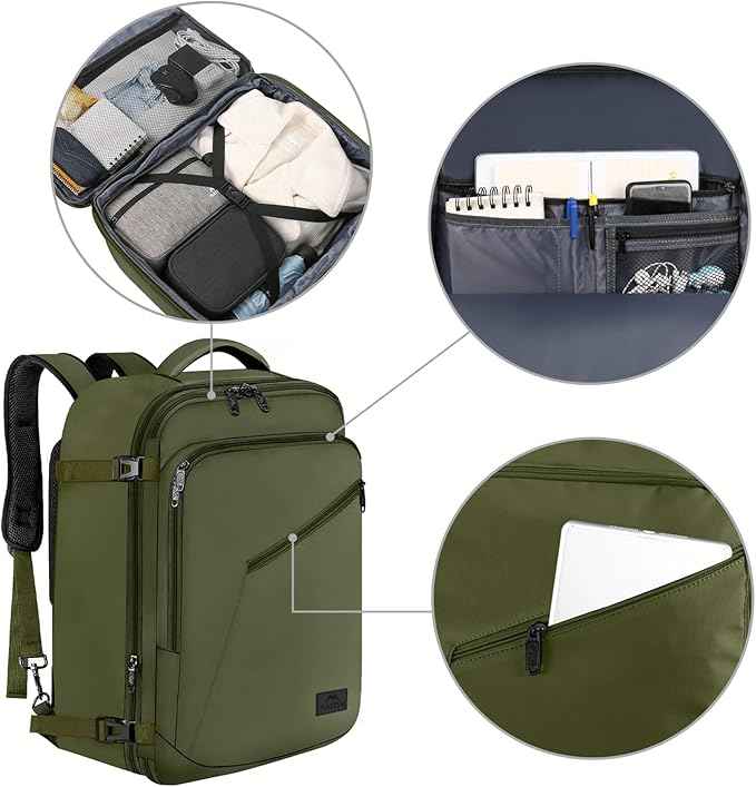 MATEIN Expandable Air Travel Backpack, Light Weight Carry on Backpack with Trolley Sleeve, Water Resistant Daypack for Hiking, Gifts for Men who Like to Travel, Dark Green