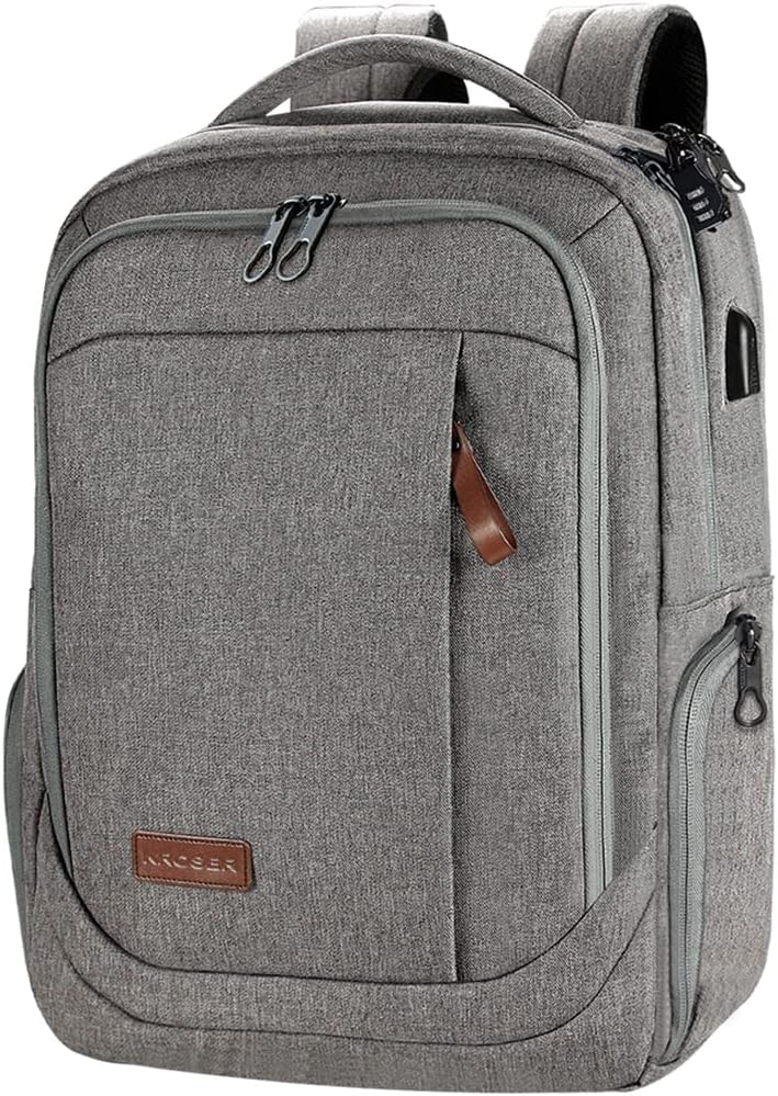 KROSER Laptop Backpack Large Computer Backpack Fits up to 17.3 Inch Laptop with USB Charging Port Water-Repellent Casual Daypack for Travel/Business/College/Women/Men-Grey - Roamly