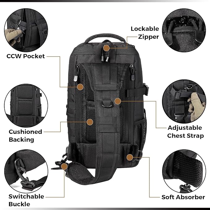 DBTAC Tactical Personal Defense EDC Bags & Packs | 10L Military Shoulder Backpack with Sling for Concealed Carry, Range, Travel, Hiking, Outdoor Sports (Black Obsidiann)