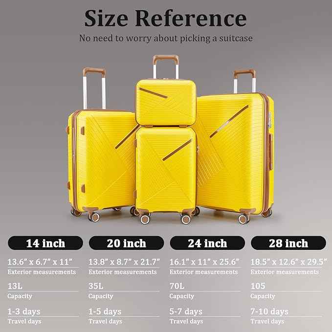 4 Piece Expandable Hardshell Pink Luggage Sets with Spinner Wheels, Lightweight Travel Suitcase Set with TSA Locks, 20 inch Carry On for Women (Yellow, 4 Piece Set)