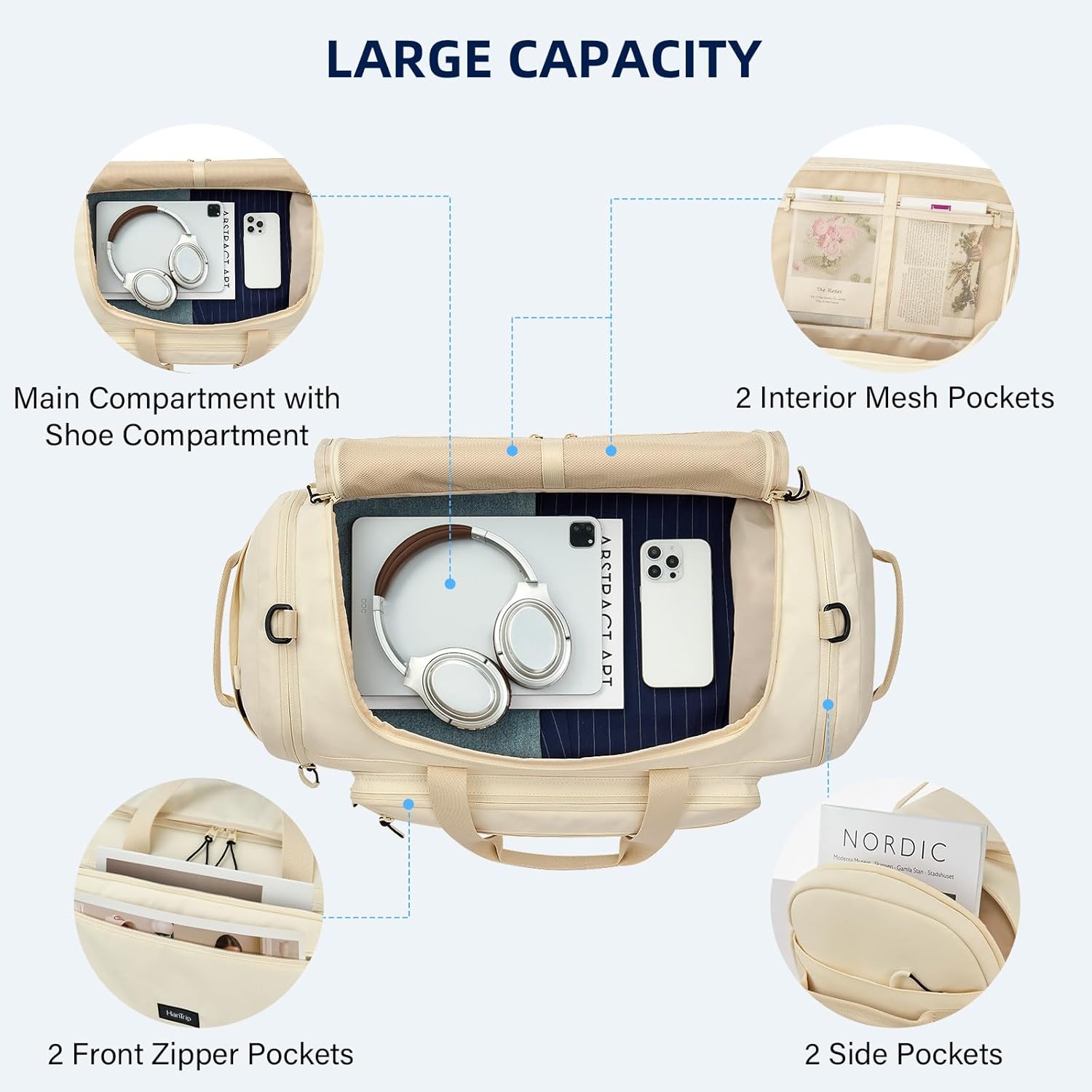 Large Travel Duffle Gym Bag with Shoe Compartment, Underseat Carry On Luggage Overnight Weekender Personal Item Workout Bags for Women Men (Offwhite) - Roamly